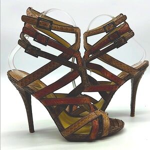 Brian Atwood Women US 7 EU 37 brown snakeskin strappy heeled sandals side buckle